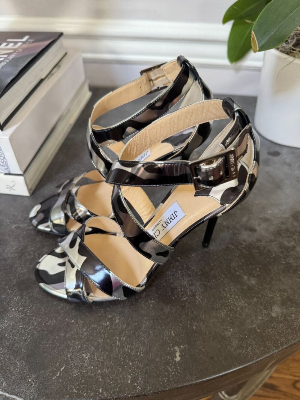 Jimmy Choo Lottie Metallic Leopard Camo Print Leather Sandals Heels 36.5